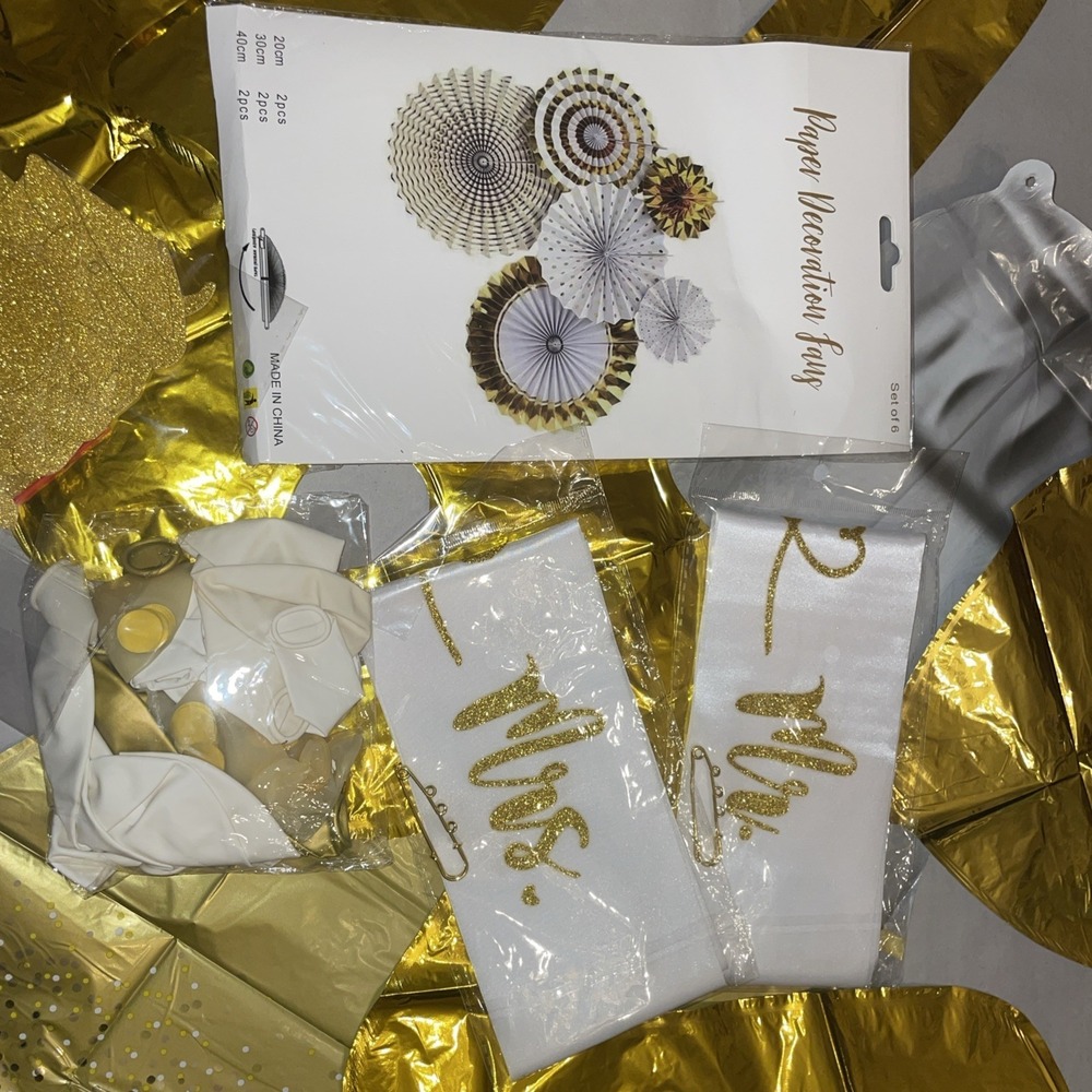 Engagement Party‎ Decorations Gold White Black Balloons Paper Fans Sash